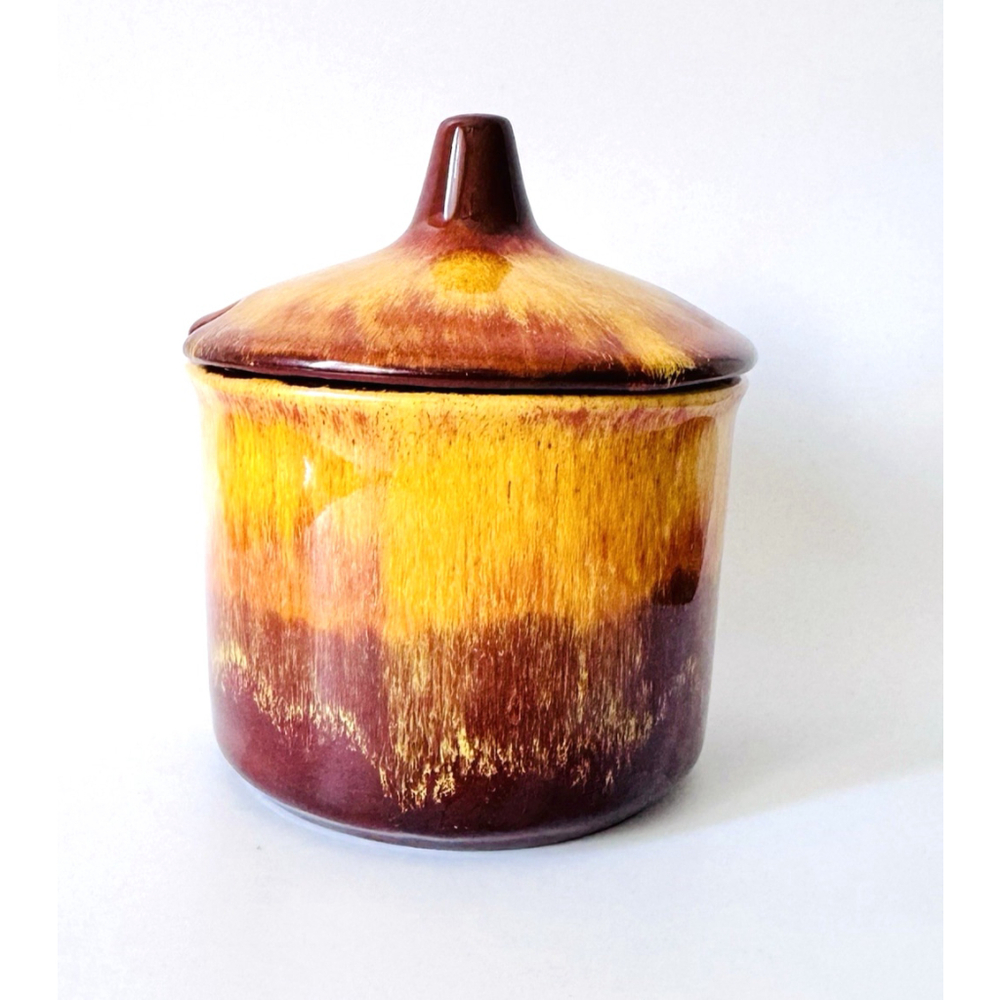 Blue Mountain Pottery Jam Jar size Harvest Gold Drip Glaze, Vintage Ceramic